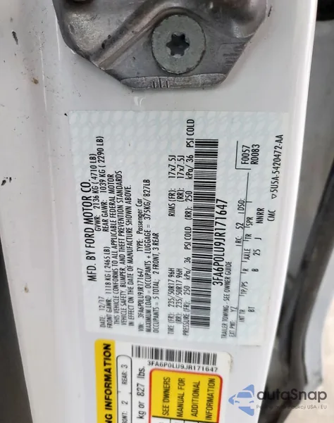 2018 Ford Fusion Se Hybrid z USA, uszkodzony, nr VIN 3FA6P0LU9JR171647